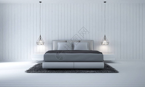 3D使现代卧室和白色木壁纹理背景的内部图片