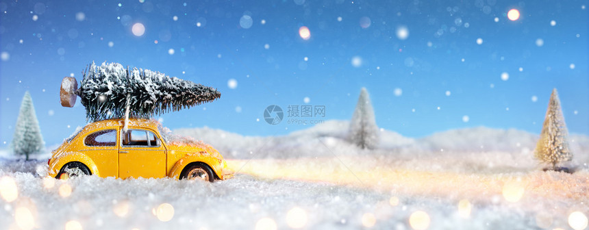 雪夜里载着一棵圣诞树的汽车图片