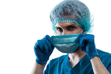 人类医生外科医生在白色背景上的医学面具图片