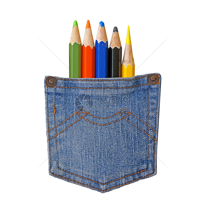 蓝色牛仔裤口袋装满了孤立的铅笔返图片