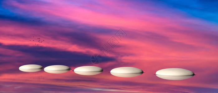 侘寂风Spa概念Zen脚石在水上天空插画