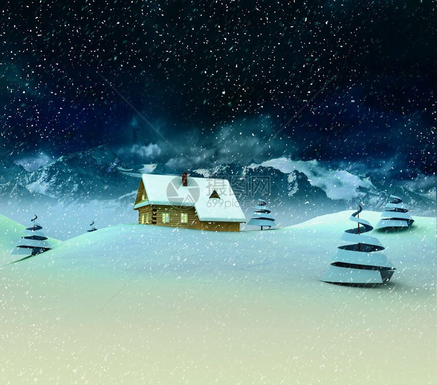 孤独的山间小屋冬天降雪插图中的树木图片