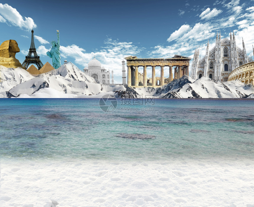 山湖山地冰川和世界里程碑其背景是蓝图片