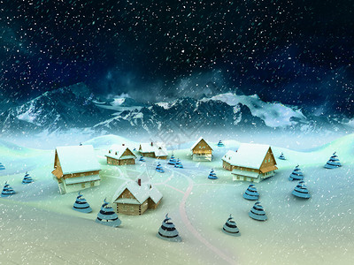 神奇的冬季村庄环境与山脉和降雪插图图片
