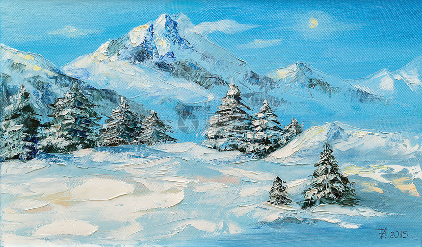 原始油画冬季山地风景和冲浪图片