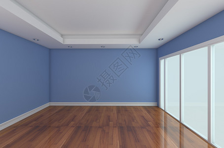 空房间用玻璃门装饰蓝色墙壁和木地板图片