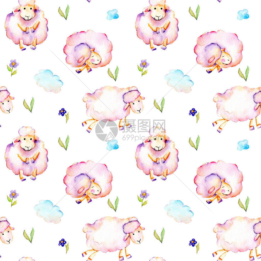 有水颜色的可爱粉红羊简单的鲜花和云层插图图片