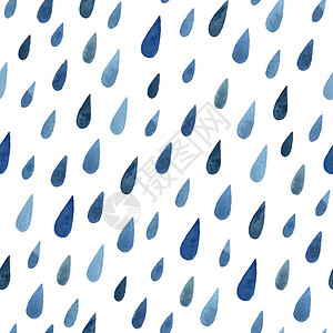 白色背景上的水彩蓝色雨滴无缝图案图片