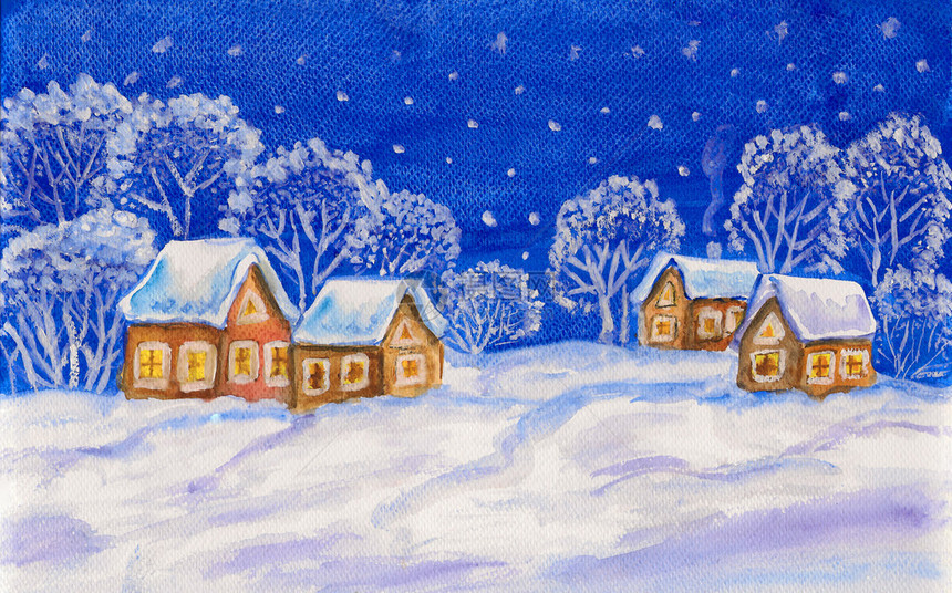 圣诞新年照片冬季风景和深蓝天空上的房屋和树木绘画图片