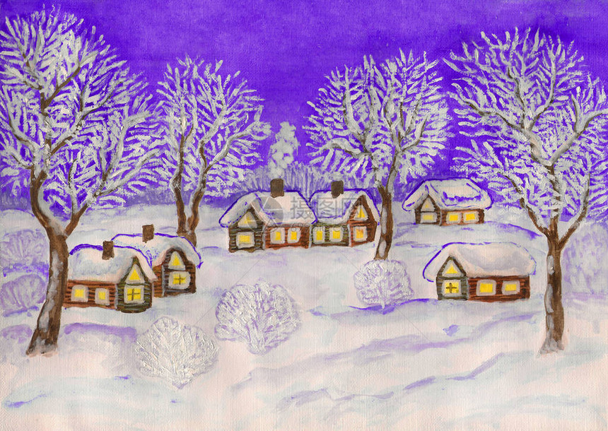 手画圣诞图画水彩色和白瓜切冬季风景以及村庄房屋和图片