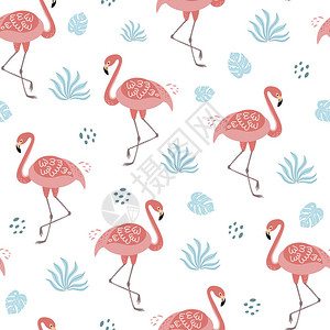 粉红色的火烈鸟无缝图案蓝色叶子热带可爱印花有趣的夏季威夷背景设计粉红色的火烈鸟面料插图儿童背景包装背景图片