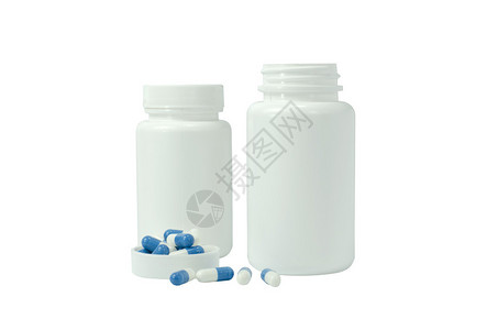 一些白色和蓝色的药丸白底带两个白色罐子图片