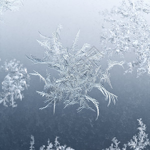 在寒冷的冬夜雪花紧贴在窗玻璃上图片