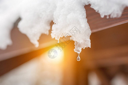 屋顶上融化的雪冰柱的特写镜头落水滴春天的开始满足冷热概念新鲜的背景图片