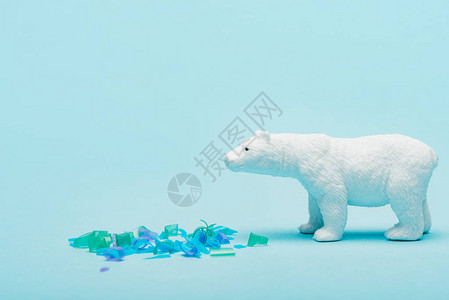 蓝背景的塑料片旁的玩具北极熊动物福图片