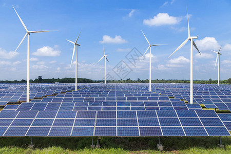 太阳能电池板光伏和风力涡轮机从自然生态概念的发电站替图片