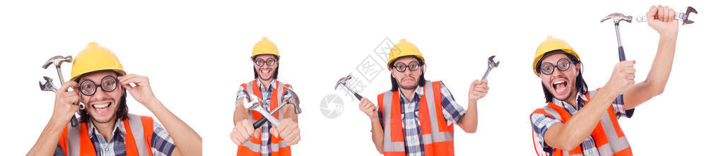 有趣的建筑工人用锤子和扳手图片