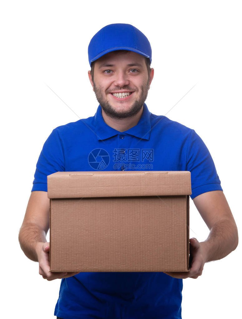 身穿蓝色T恤衫和棒球帽的快乐男子照片及白色图片