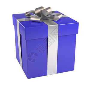 带银丝带的蓝色礼品盒图片