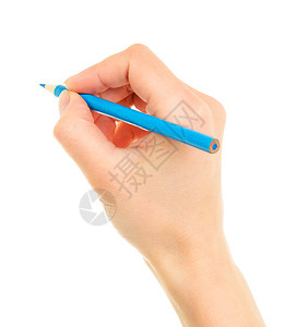 手中的蓝色铅笔在白色背景下被隔离图片