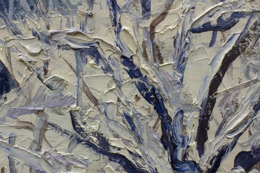 画布上调色刀油画的片段特写蓝白雪主题现代印图片