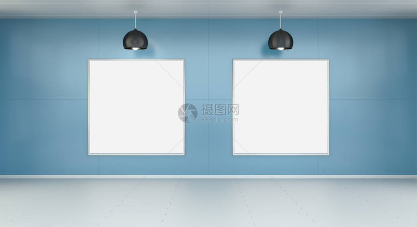 蓝色墙上两个白空的画布图片