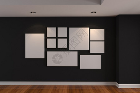 黑色墙上的图片彩色墙和带空房的木板地上图片