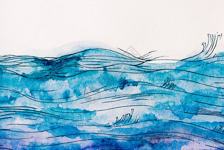 白色背景上的蓝色水彩颜料制成的海浪图片