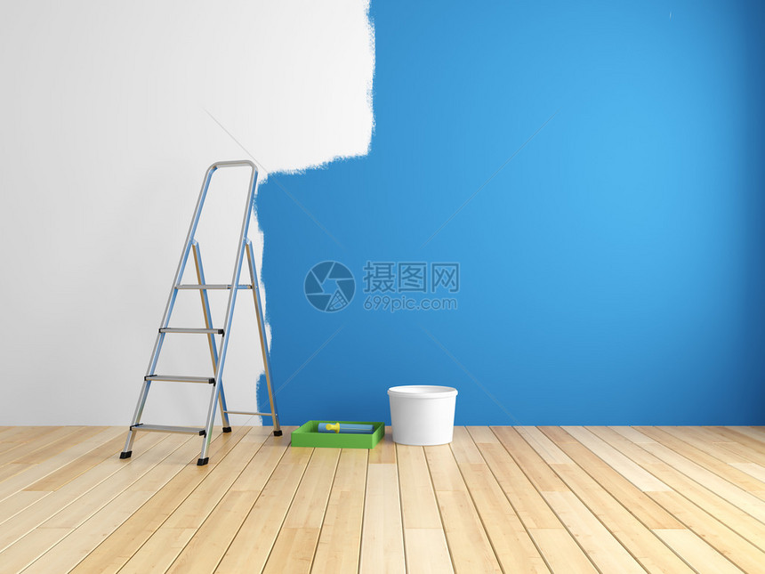 修理和粉刷房间的墙壁3d渲染图片