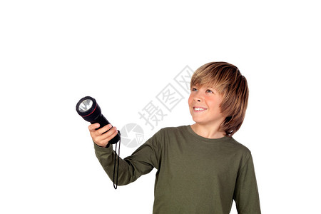 带着手电筒的孩子在寻找白色背图片