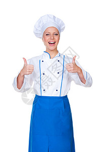 快乐的厨师举起大拇指看相机孤图片