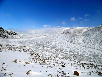 被山峰包围的冰川表面图片