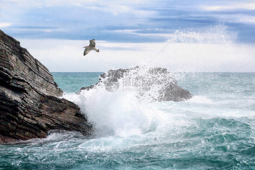 海浪在海岸的岩石上破裂形成白图片