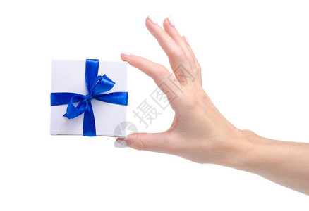 白色背景隔离带蓝色丝带蝴蝶结礼物的白色盒子图片