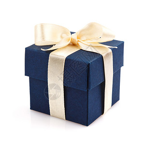带金丝带和弓的深蓝色礼物盒图片