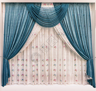 蓝窗帘和光网织物及有花岗背景图片