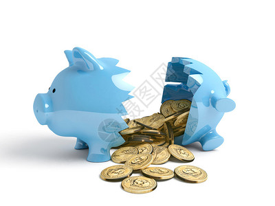 一个蓝色的存钱罐里面有很多一美元的硬币插画