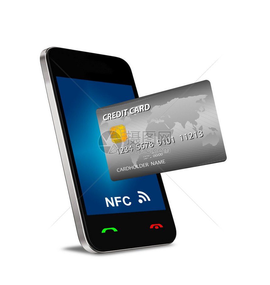 近地通信智能手机显示屏幕截图上有一张塑料信用卡图片