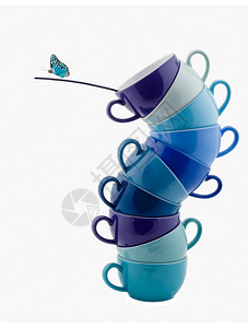 蓝咖啡杯堆放的蓝色咖啡杯怀特蝴图片