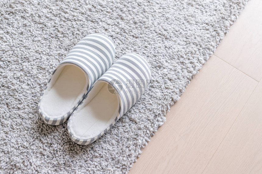 家里地板上的地毯上的拖鞋图片