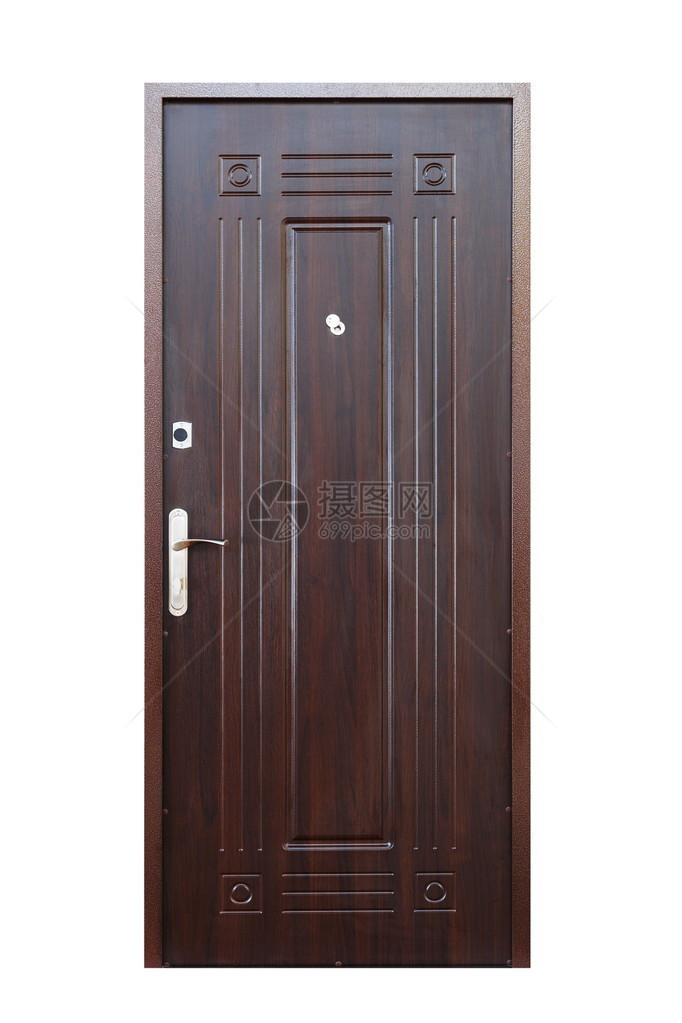 封闭的鸡翅木门隔离在白色背景关闭的门图像公寓入口深棕色木材图片