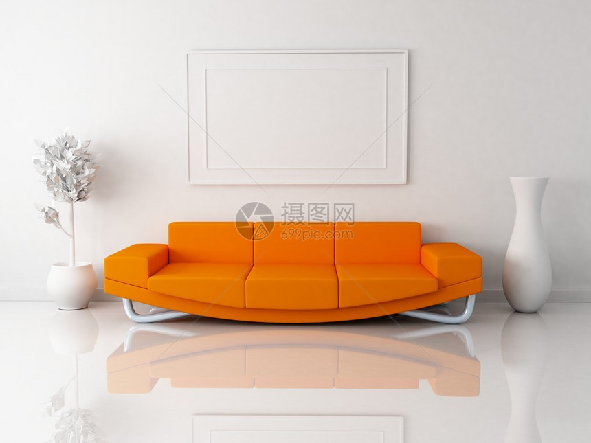 白色房间的橙色沙发图片