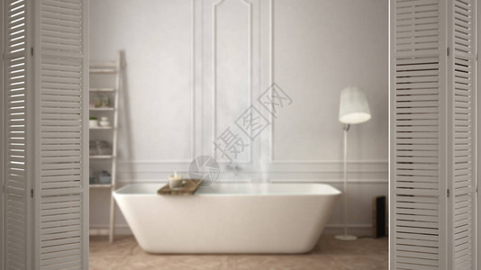 现代斯堪的纳维亚浴室带浴缸的白色折叠门图片
