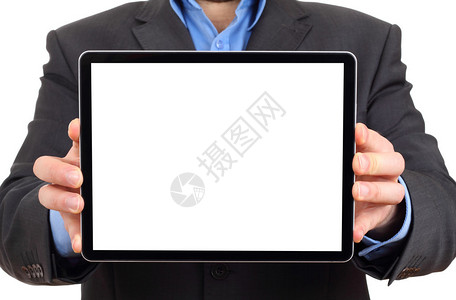 商人在数码平板电脑隔离屏幕上展示你的产品info图片