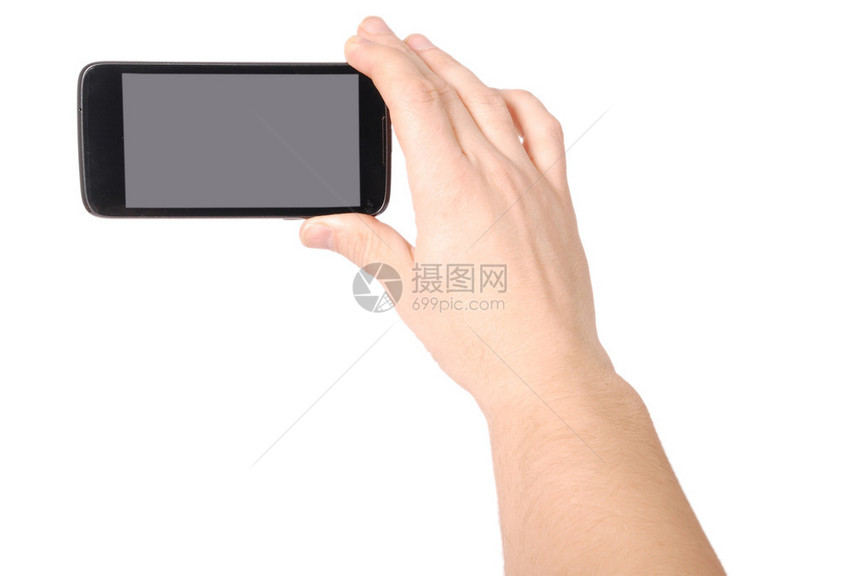 手持智能手机的男子用白色隔图片