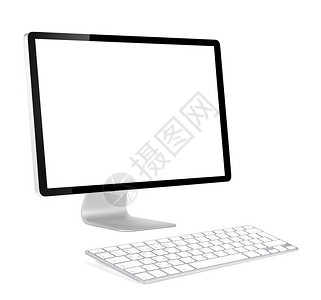 带有空白屏幕和无线键盘的计算机显示前视图白图片