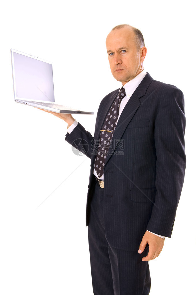 商人站着拿笔记本电脑在图片