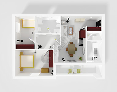带家具的无屋顶公寓的3d渲染图片