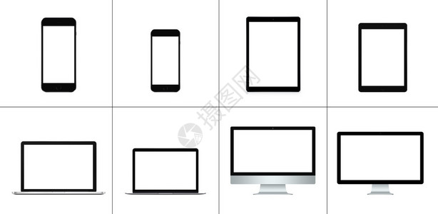 英迈现代计算机设备智能手机手机平板电脑触摸屏设备笔记本电脑电脑显示器和个人电脑的集合对象以白色隔离并具有白色空白屏幕插画