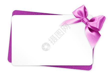 礼品卡与粉红丝带蝴蝶结隔离在白色背景图片